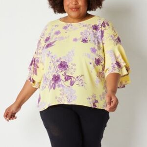 Liz Claiborne Yellow Blouse with Short Sleeves and Ruffled Boxy Style